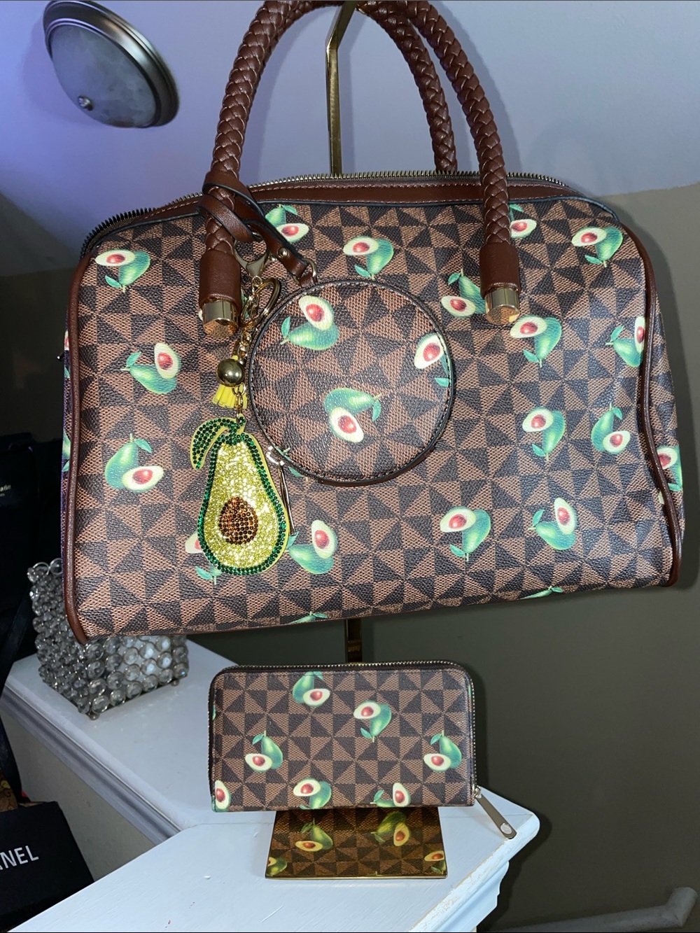 Brown Avocado Print Dome Satchel Bag with Matching Wallet